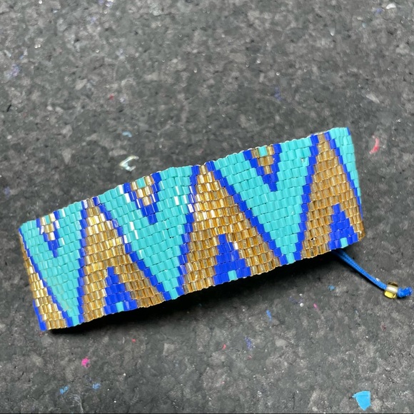 Earthbound Beaded Blue and Gold Boho Cuff Bracelet - Picture 4 of 6